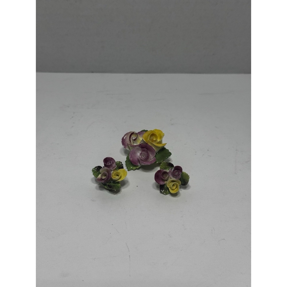 Vintage England Bone China Floral Brooch Earrings Set Clip On Flowers